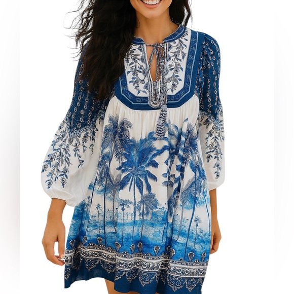 FARM Rio Dresses & Skirts - Farm Rio Palm Tree Beach Off-White Mini Dress NWT